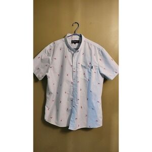Molokai Surf Company Teal Pink Flamingos Print Short Sleeve Button Down XL‎